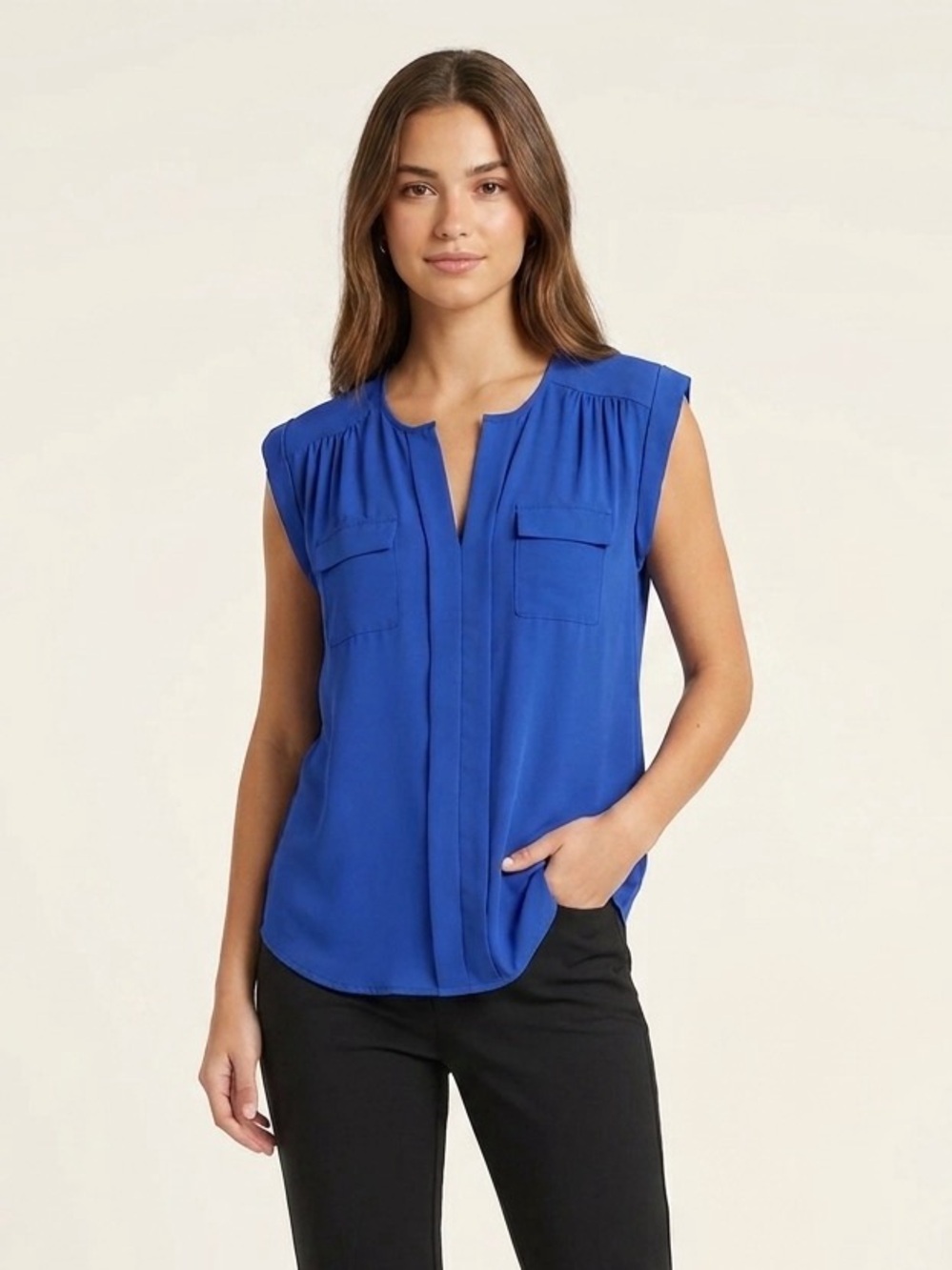 Japna Sleeveless Split V-Neck Blouse in Royal Blue